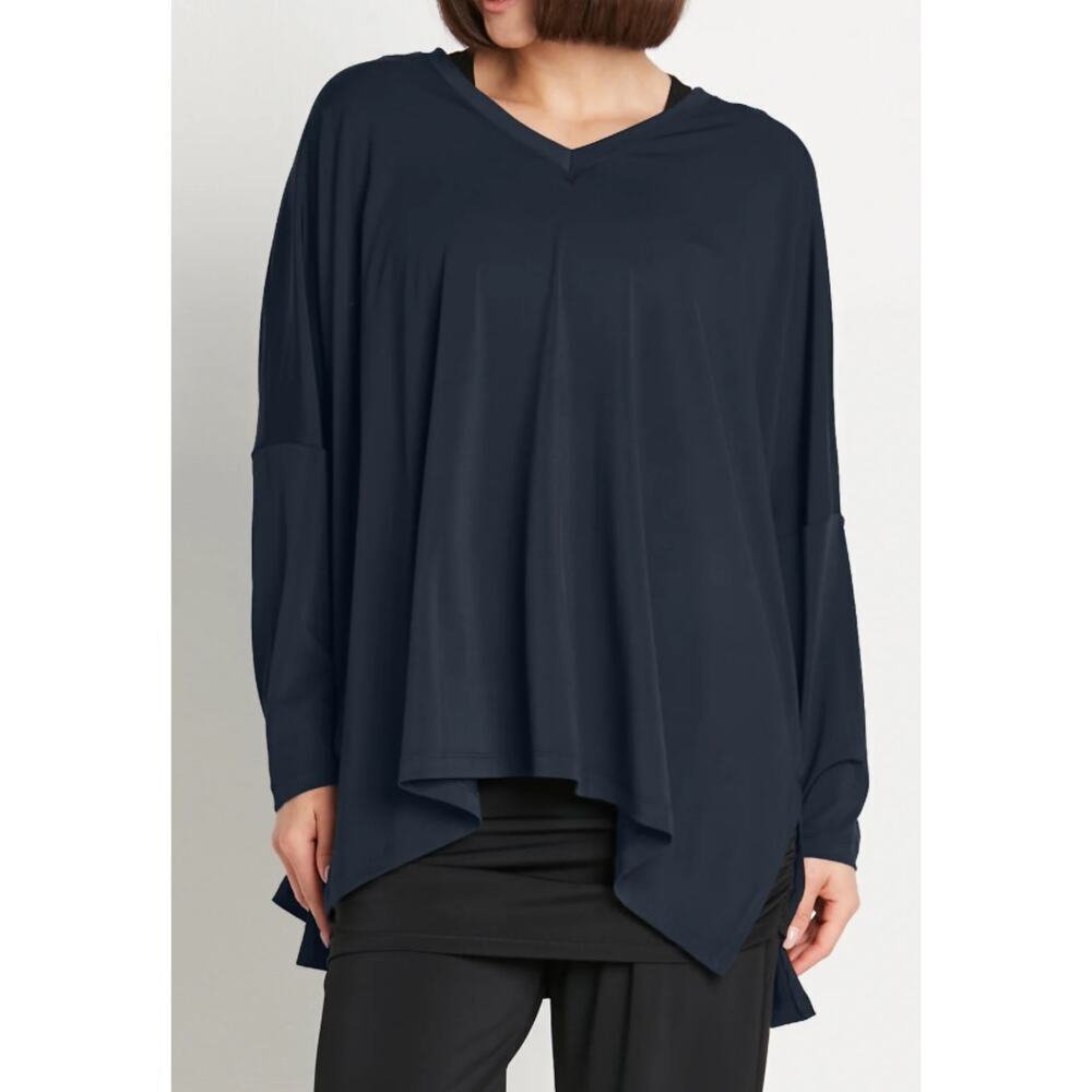 Planet By Lauren G Matte Jersey NU V Neck Top Long Sleeve Midnight Blue One Size